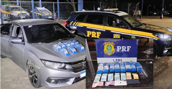 PRF apreende 8 kg de maconha em carro clonado em Linhares.